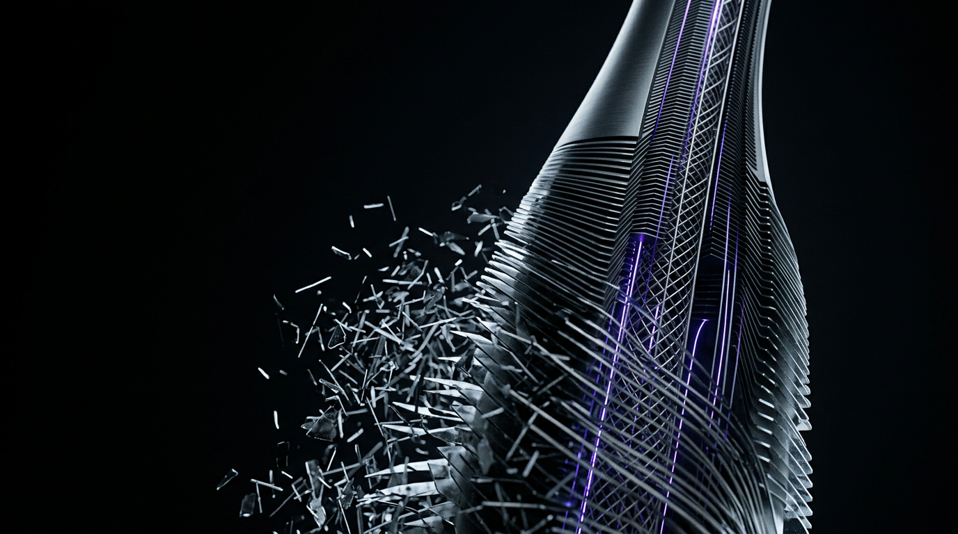 Loose fragments snapping into precise aligned layers around an illuminated internal lattice.