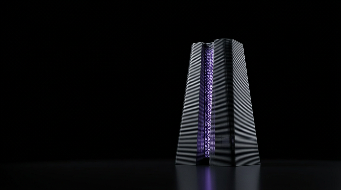 A tall machined monolith of aligned laminations with an ultraviolet lattice core visible through a cut-away.